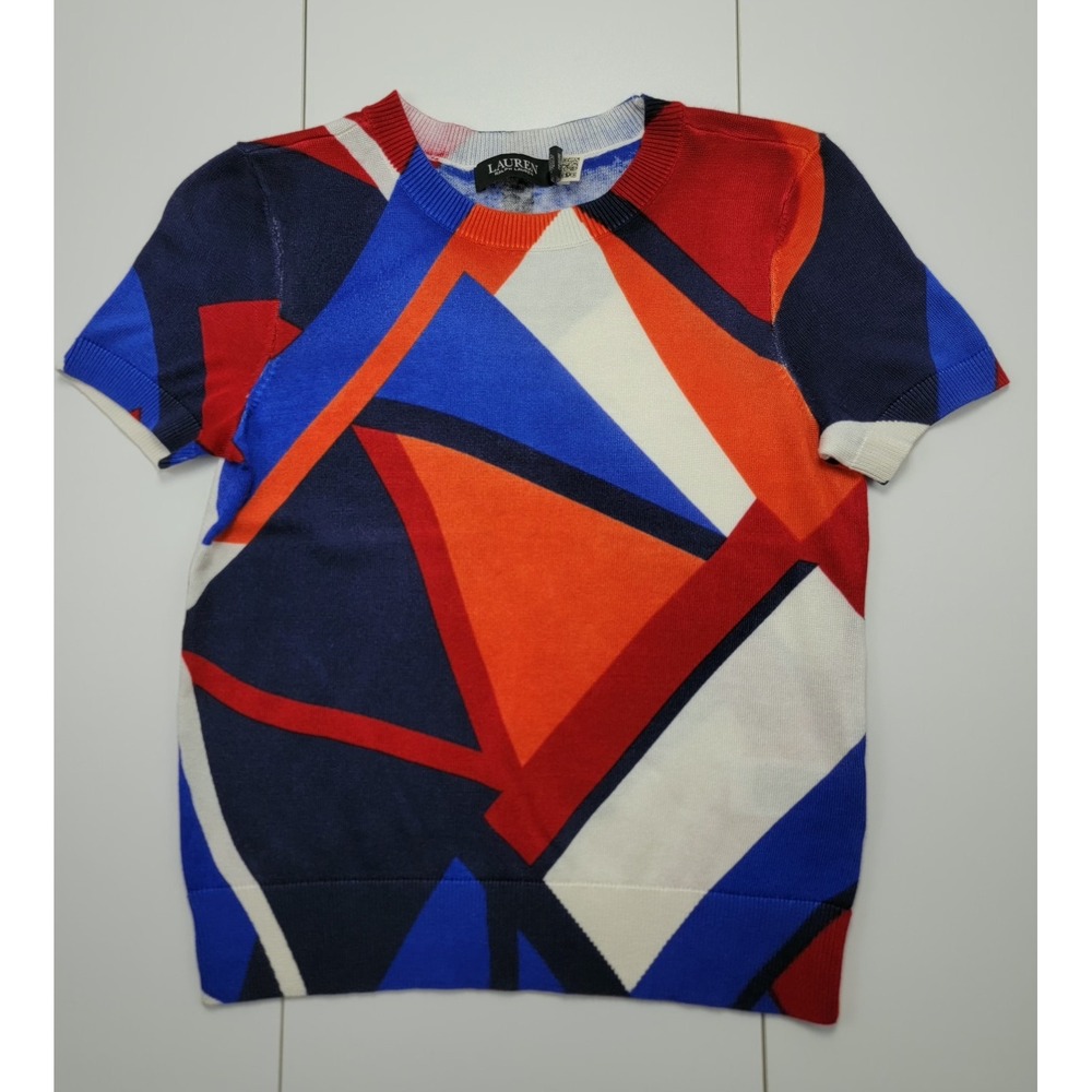 Lauren Ralph Lauren Womens Size Petite S Sweater Abstract Geometric Red Blue New